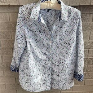 Talbots Blue Floral Shirt with Polka Dot Collar and Cuffs- size LP